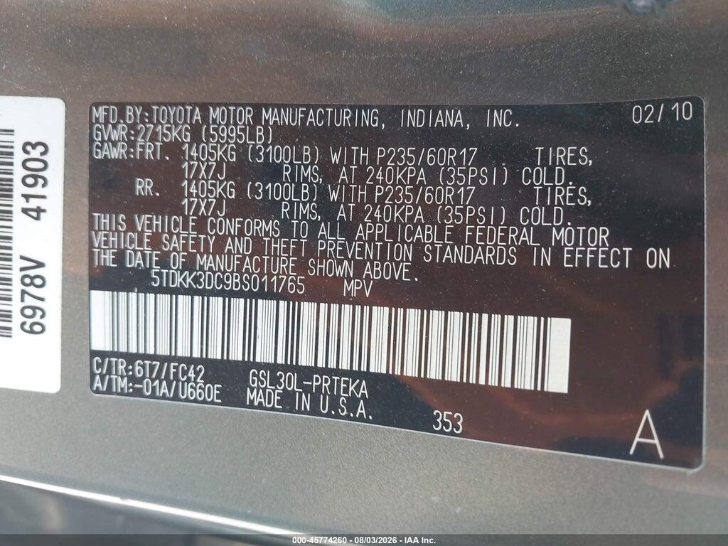 5TDKK3DC9BS011765 2011 TOYOTA SIENNA photo no. 9