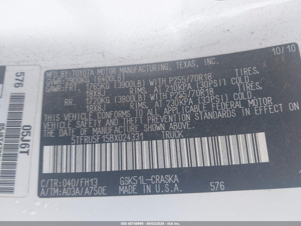5TFRU5F15BX024331 2011 TOYOTA TUNDRA photo no. 9