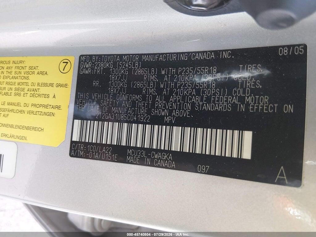 2T2GA31U85C041922 2005 LEXUS RX 330 photo no. 9