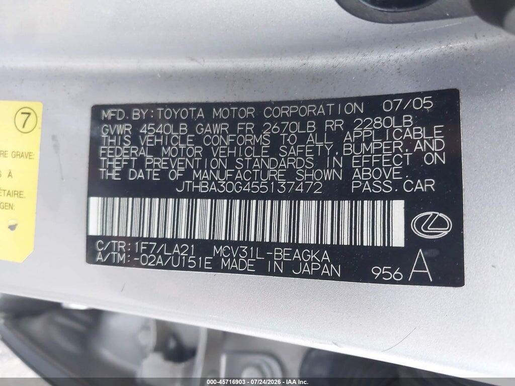 JTHBA30G455137472 2005 LEXUS ES 330 photo no. 9