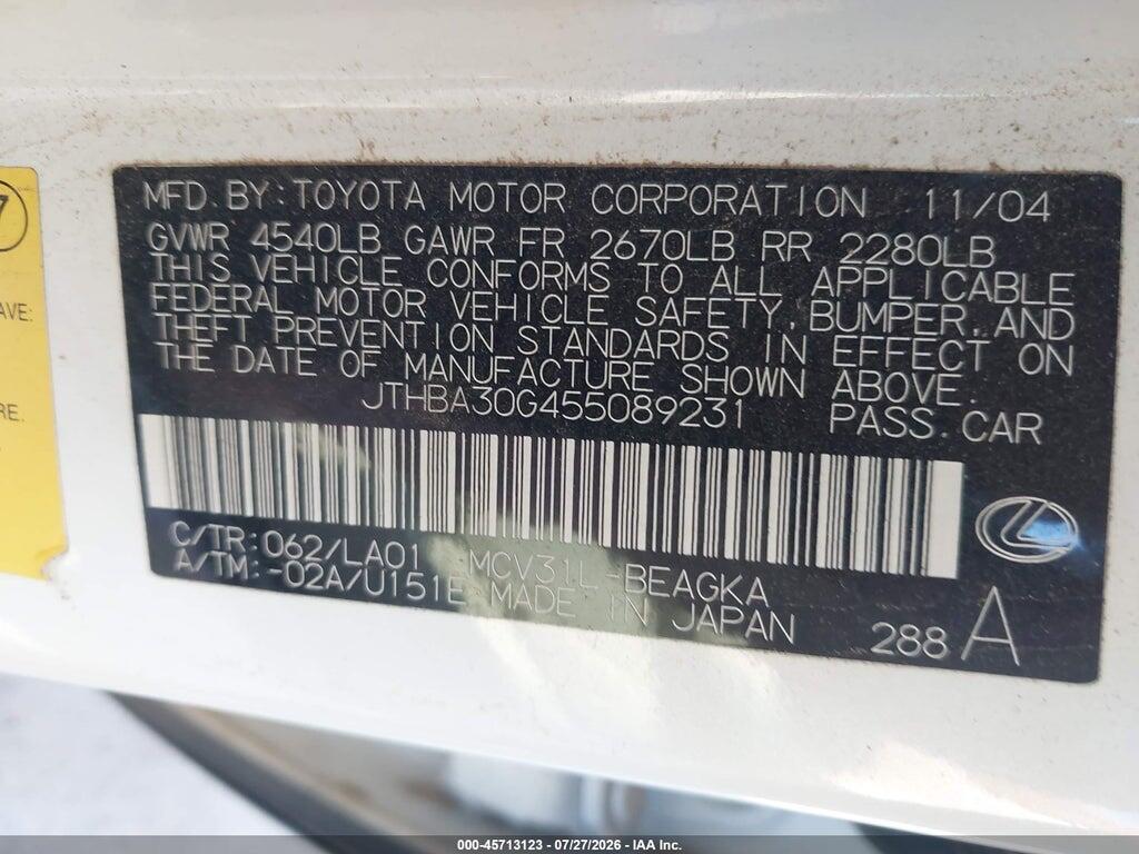 JTHBA30G455089231 2005 LEXUS ES 330 photo no. 9