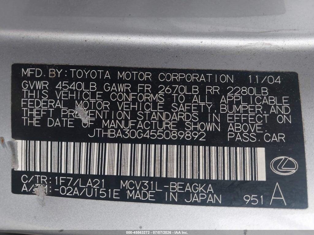 JTHBA30G455089892 2005 LEXUS ES photo no. 9