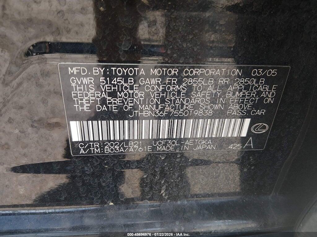 JTHBN36F755019838 2005 LEXUS LS 430 photo no. 9