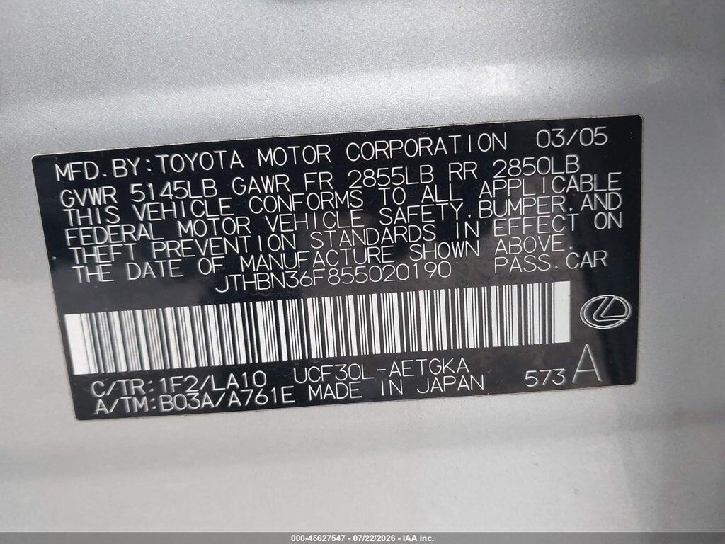 JTHBN36F855020190 2005 LEXUS LS 430 photo no. 9