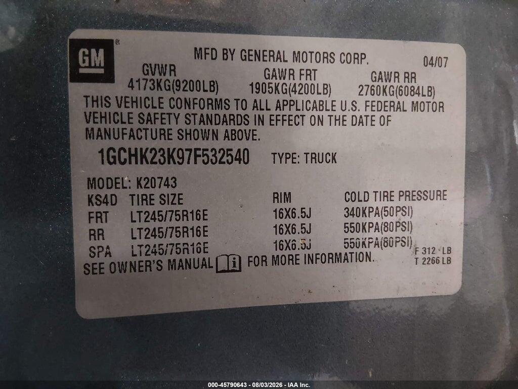 1GCHK23K97F532540 2007 CHEVROLET SILVERADO 2500HD photo no. 9