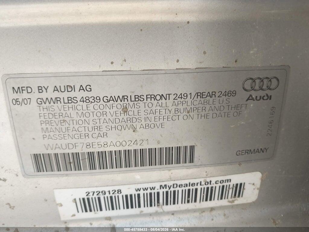 WAUDF78E58A002421 2008 AUDI A4 photo no. 9