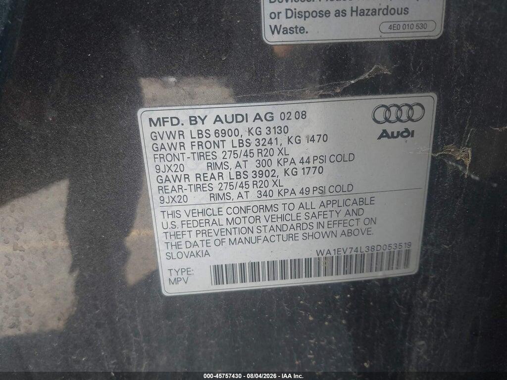 WA1EV74L38D053519 2008 AUDI Q7 photo no. 9