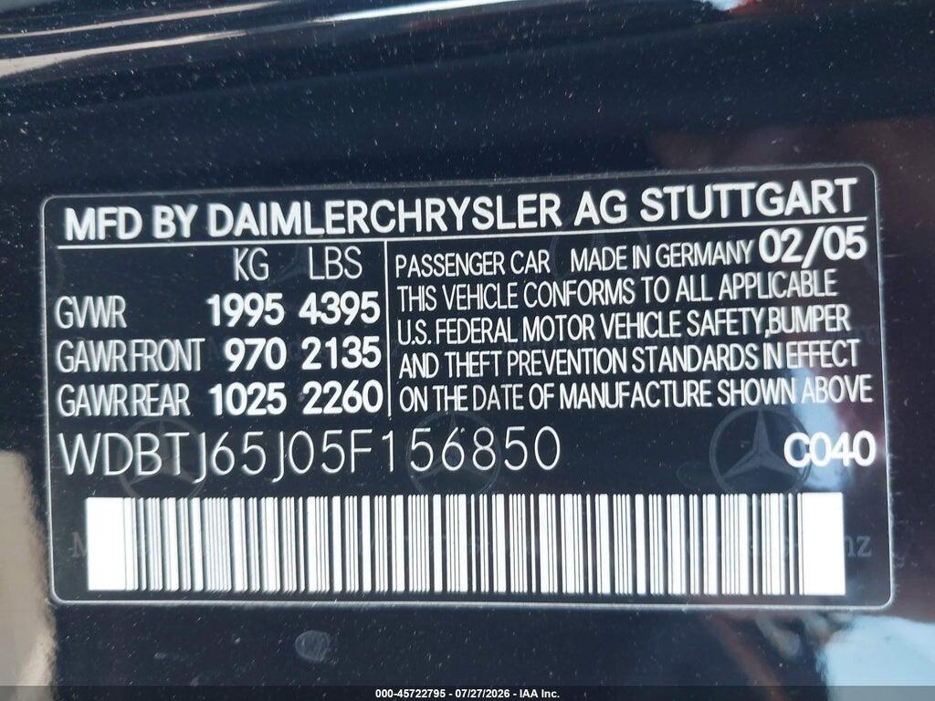 WDBTJ65J05F156850 2005 MERCEDES-BENZ CLK 320 photo no. 9