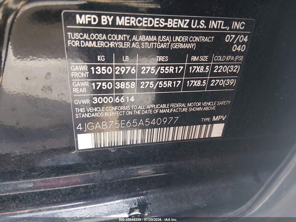 4JGAB75E65A540977 2005 MERCEDES-BENZ ML 500 photo no. 9