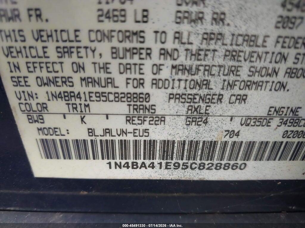 1N4BA41E95C828860 2005 NISSAN MAXIMA photo no. 9