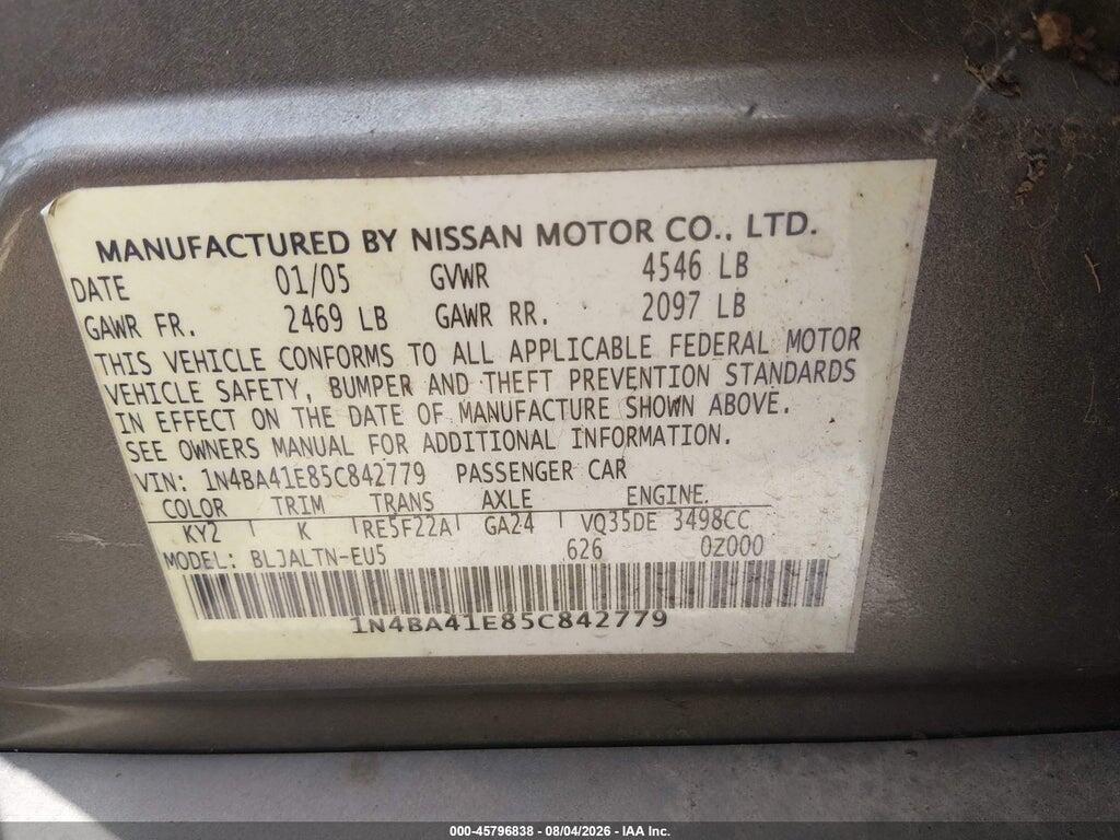 1N4BA41E85C842779 2005 NISSAN MAXIMA photo no. 9
