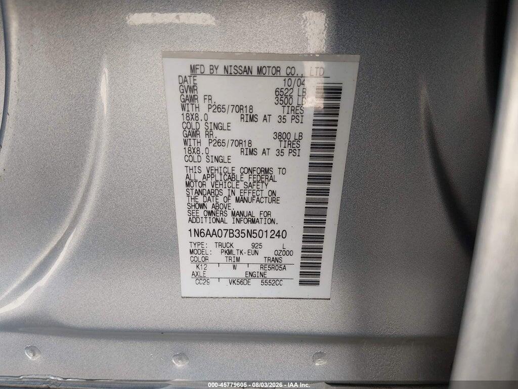 1N6AA07B35N501240 2005 NISSAN TITAN photo no. 9