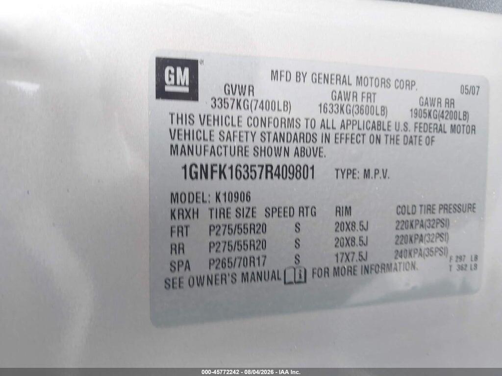 1GNFK16357R409801 2007 CHEVROLET SUBURBAN photo no. 9