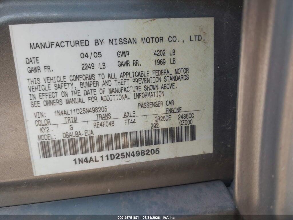 1N4AL11D25N498205 2005 NISSAN ALTIMA photo no. 9