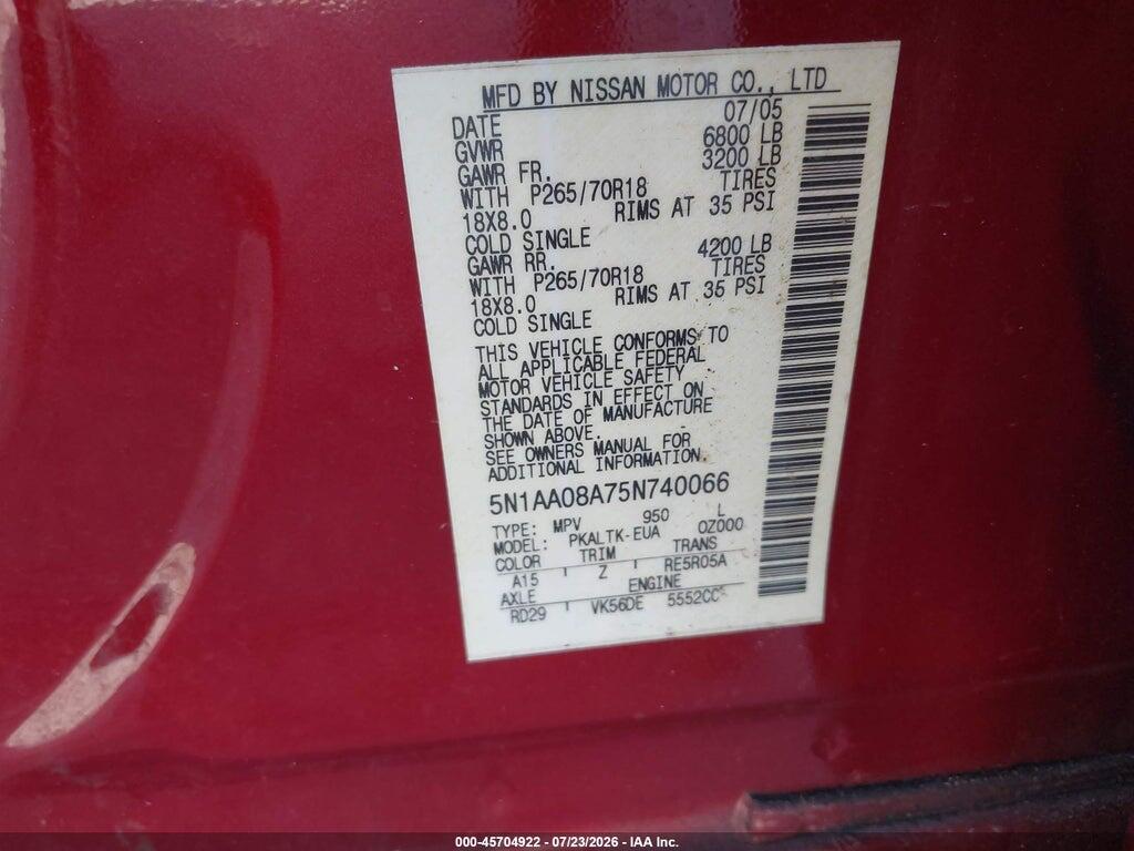 5N1AA08A75N740066 2005 NISSAN ARMADA photo no. 9