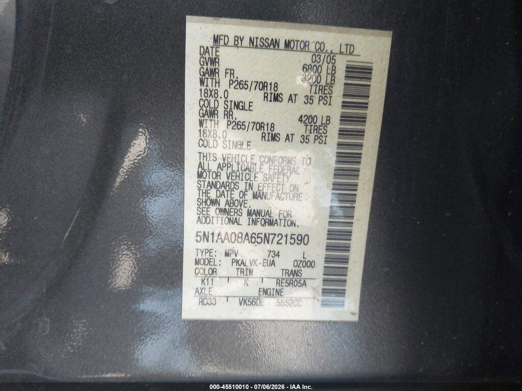 5N1AA08A65N721590 2005 NISSAN ARMADA photo no. 9