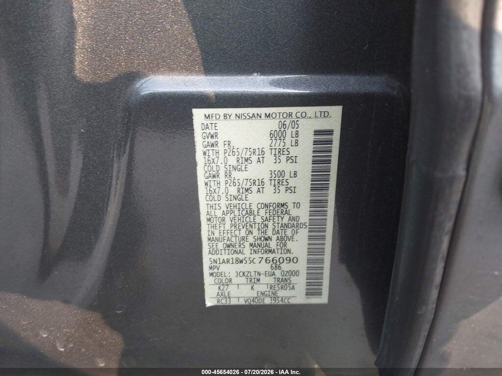 5N1AR18W55C766090 2005 NISSAN PATHFINDER photo no. 9