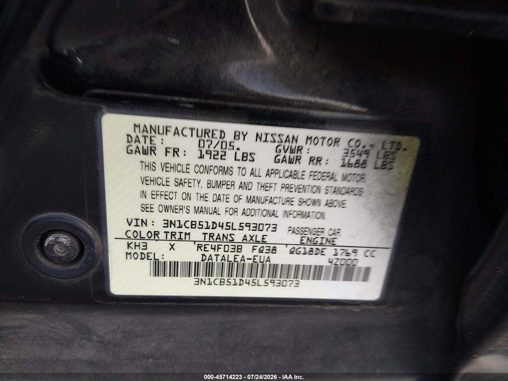 3N1CB51D45L593073 2005 NISSAN SENTRA photo no. 9