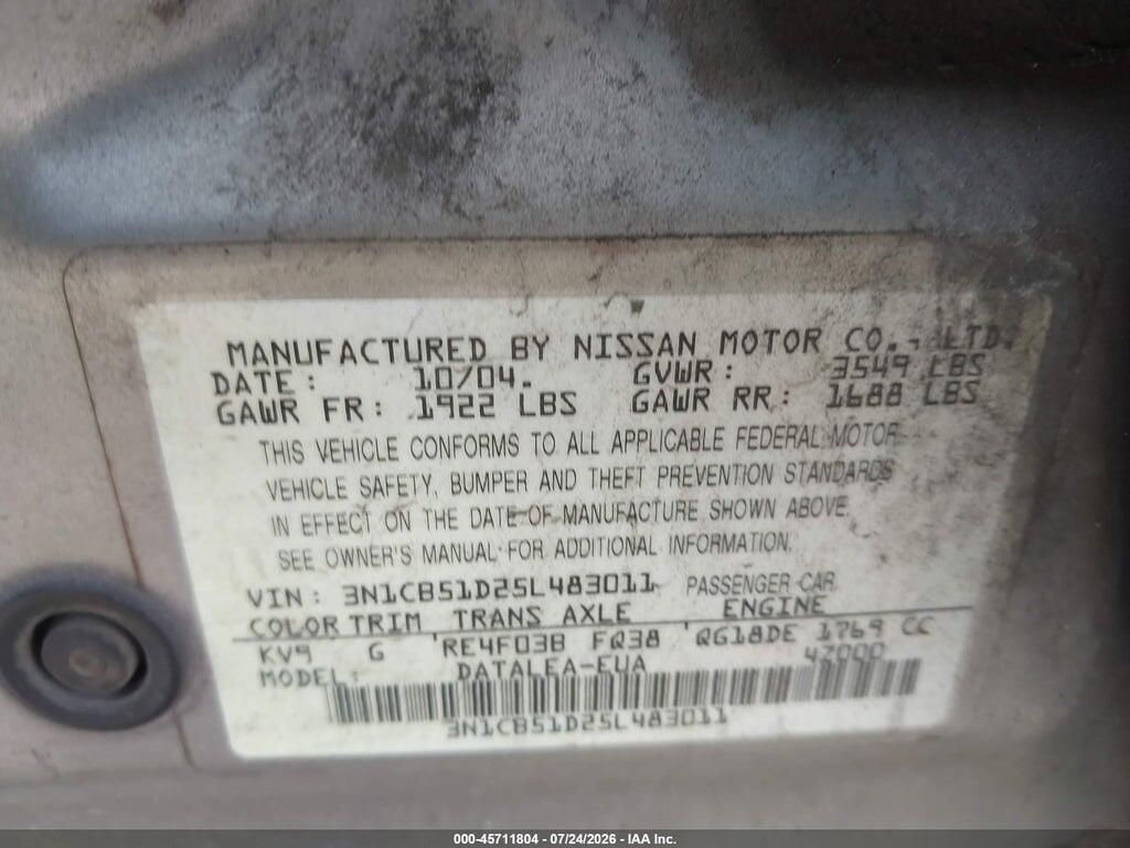 3N1CB51D25L483011 2005 NISSAN SENTRA photo no. 9