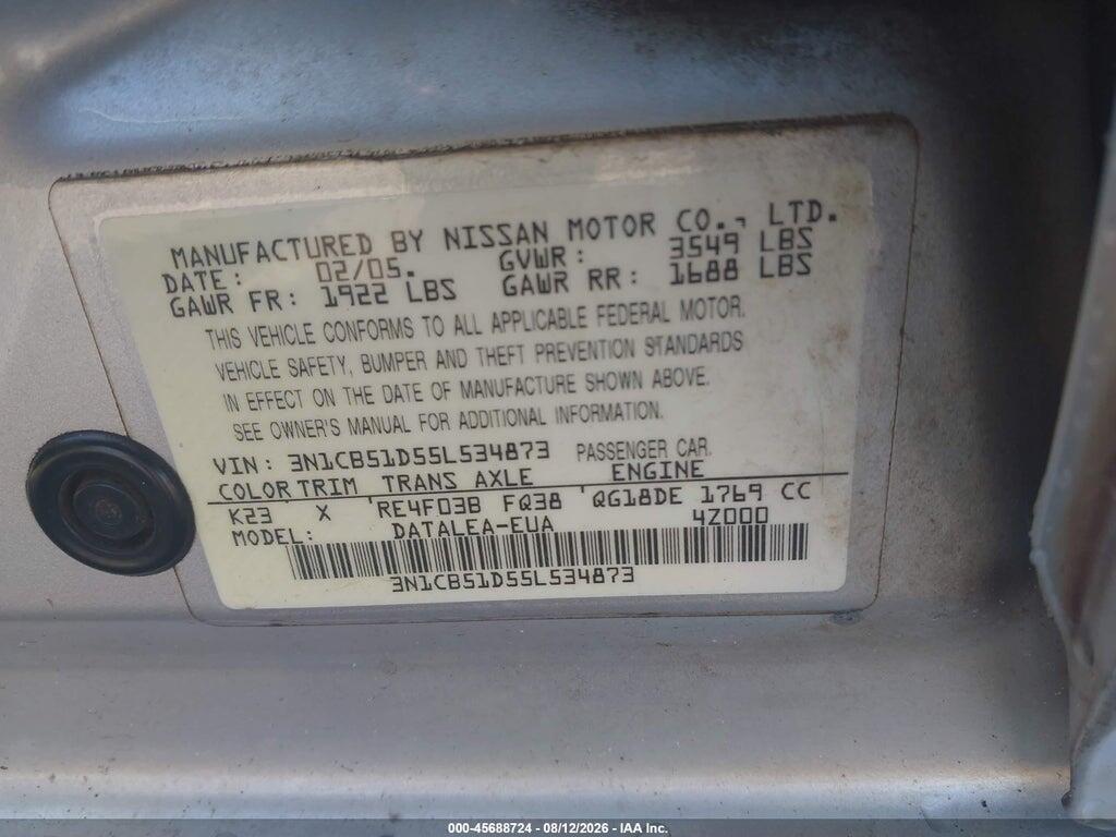 3N1CB51D55L534873 2005 NISSAN SENTRA photo no. 9