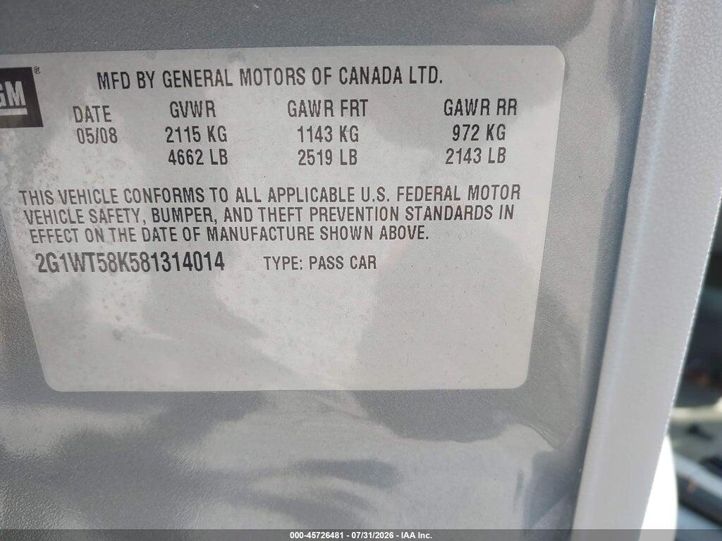 2G1WT58K581314014 2008 CHEVROLET IMPALA photo no. 9