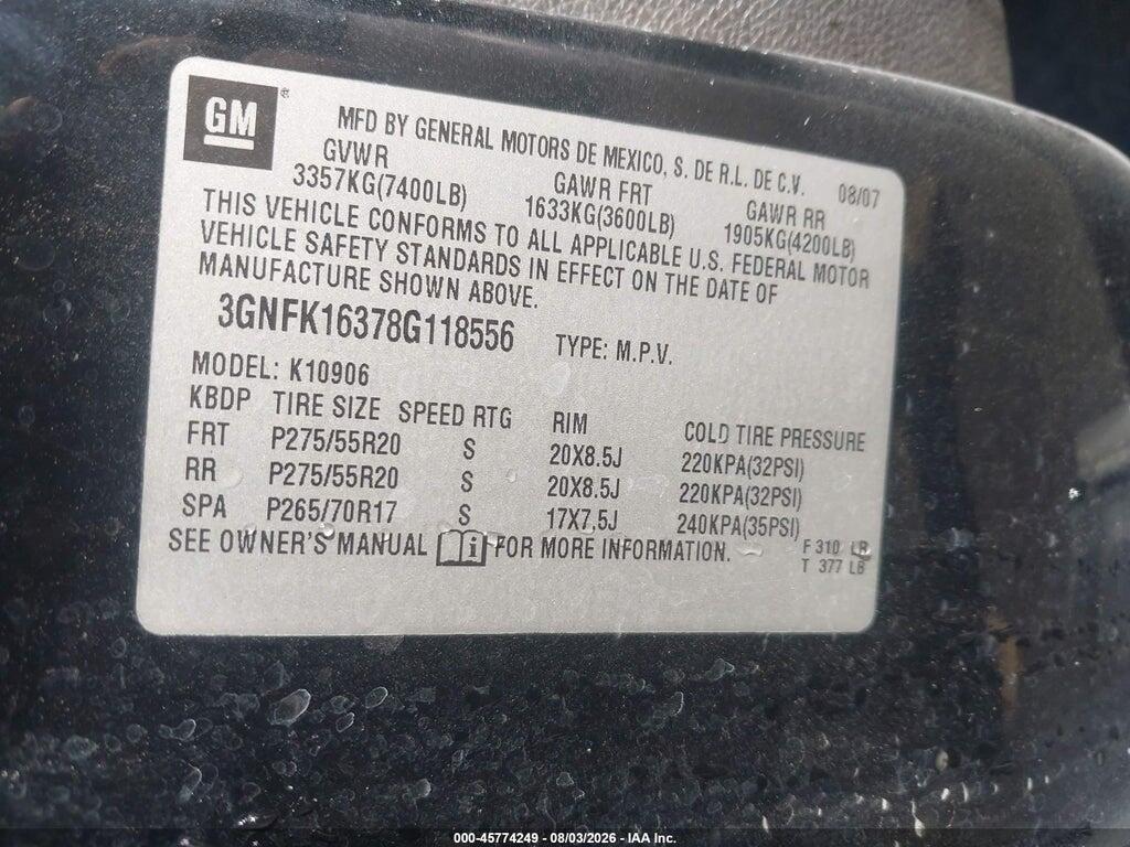 3GNFK16378G118556 2008 CHEVROLET SUBURBAN 1500 photo no. 9