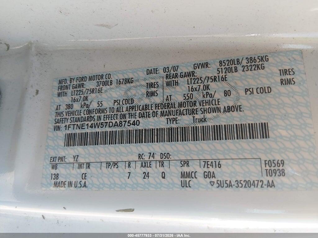 1FTNE14W57DA87540 2007 FORD E-150 photo no. 9