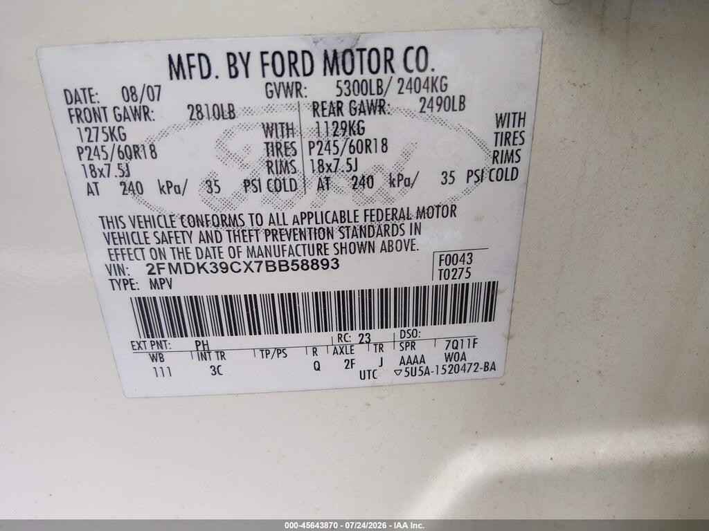2FMDK39CX7BB58893 2007 FORD EDGE photo no. 9