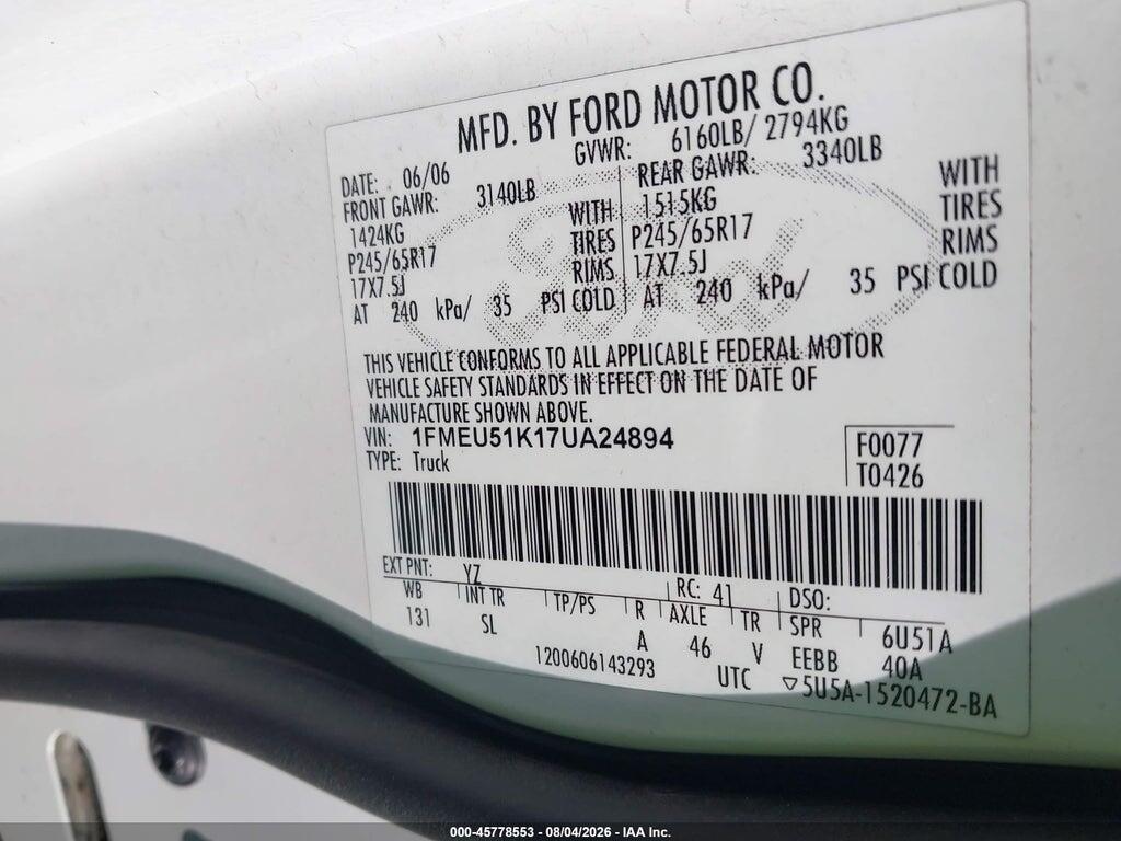 1FMEU51K17UA24894 2007 FORD EXPLORER SPORT TRAC photo no. 9