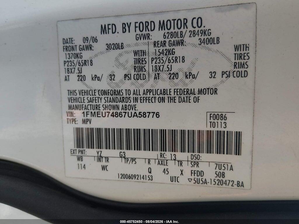 1FMEU74867UA58776 2007 FORD EXPLORER photo no. 9