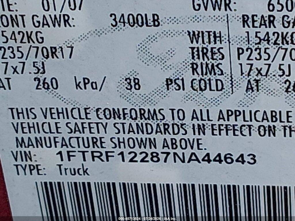 1FTRF12287NA44643 2007 FORD F-150 photo no. 9