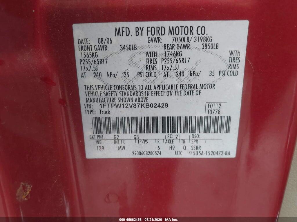 1FTPW12V87KB02429 2007 FORD F-150 photo no. 9
