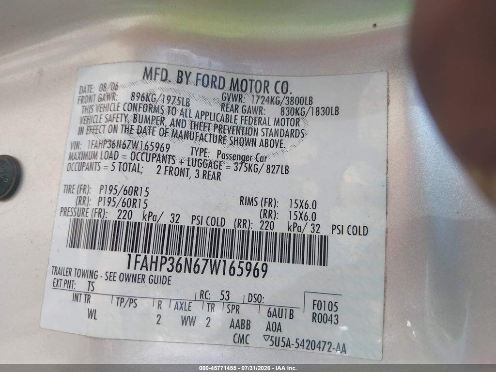 1FAHP36N67W165969 2007 FORD FOCUS photo no. 9