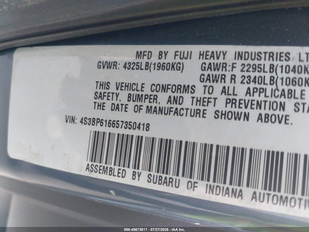 4S3BP616657350418 2005 SUBARU LEGACY photo no. 9