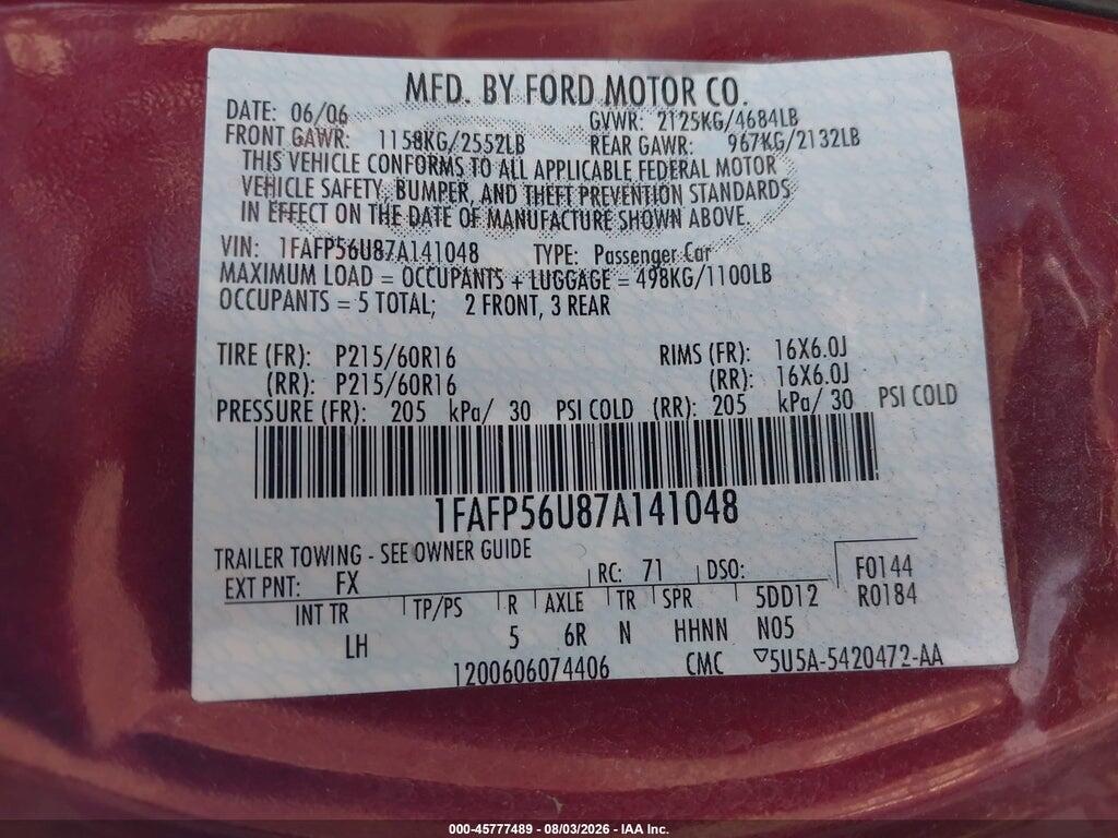 1FAFP56U87A141048 2007 FORD TAURUS photo no. 9