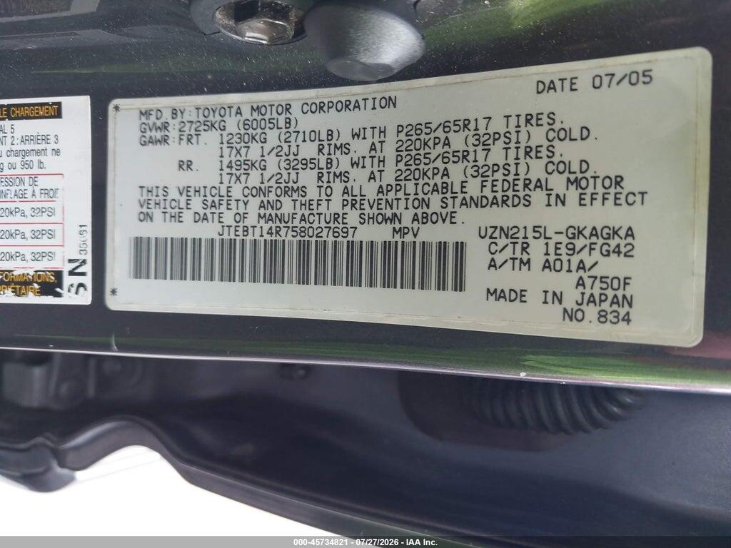 JTEBT14R758027697 2005 TOYOTA 4RUNNER photo no. 9