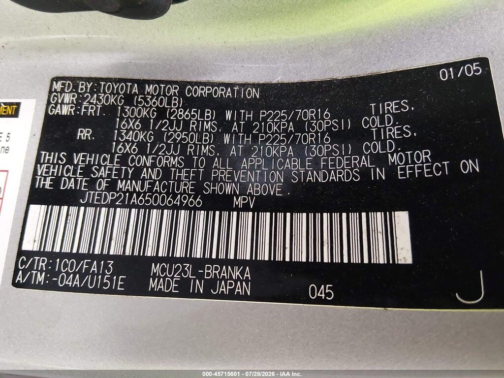 JTEDP21A650064966 2005 TOYOTA HIGHLANDER photo no. 9