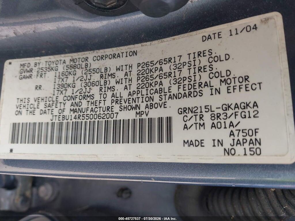 JTEBU14R550062007 2005 TOYOTA 4RUNNER photo no. 9