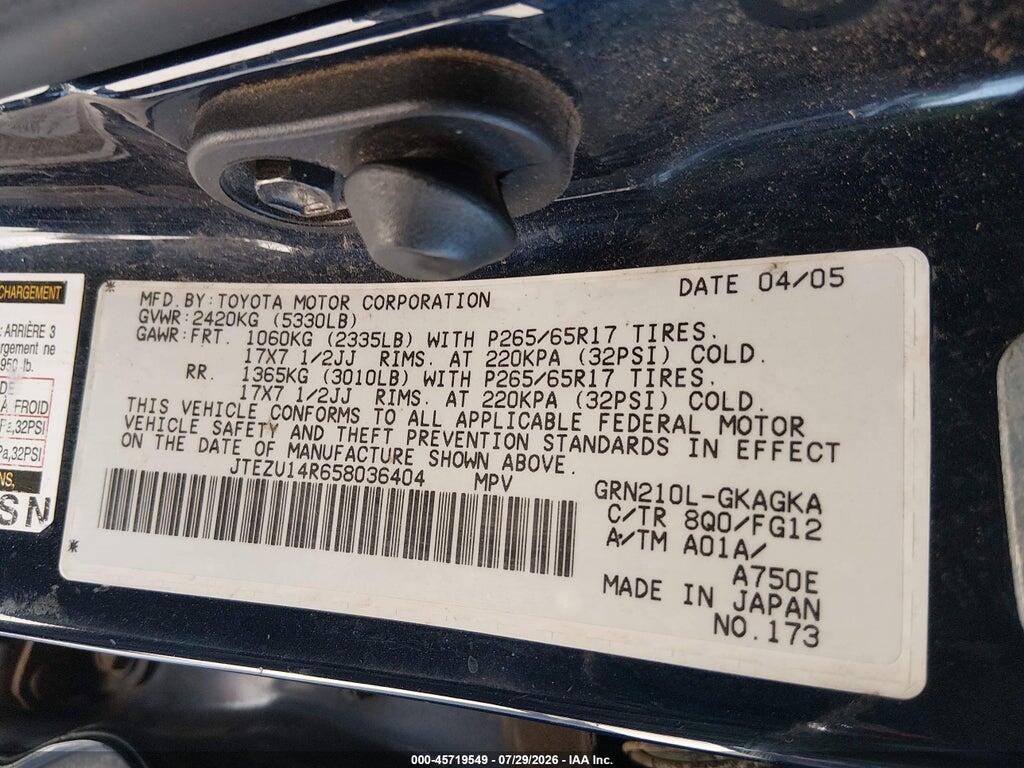 JTEZU14R658036404 2005 TOYOTA 4RUNNER photo no. 9