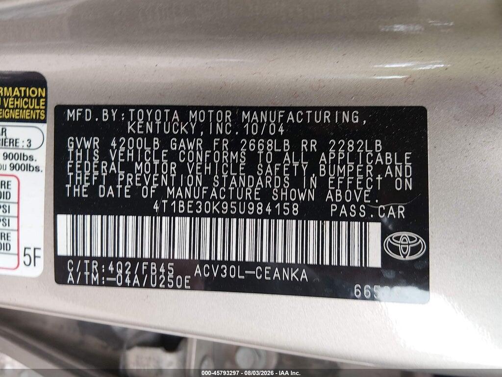 4T1BE30K95U984158 2005 TOYOTA CAMRY photo no. 9