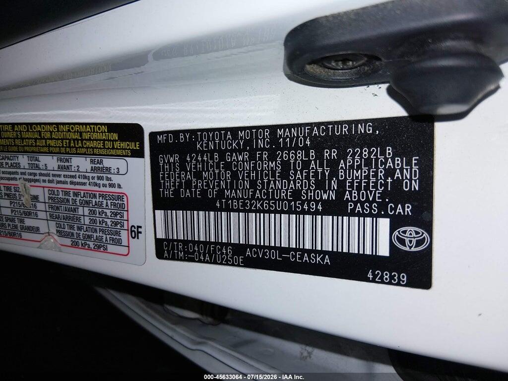 4T1BE32K65U015494 2005 TOYOTA CAMRY photo no. 9
