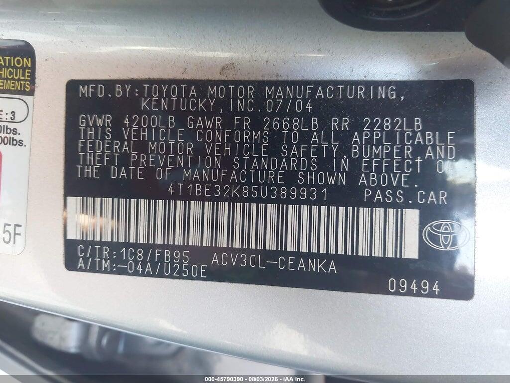 4T1BE32K85U389931 2005 TOYOTA CAMRY photo no. 9