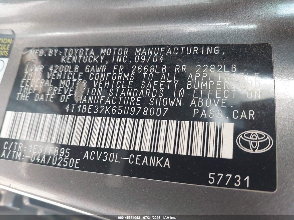4T1BE32K65U978007 2005 TOYOTA CAMRY photo no. 9