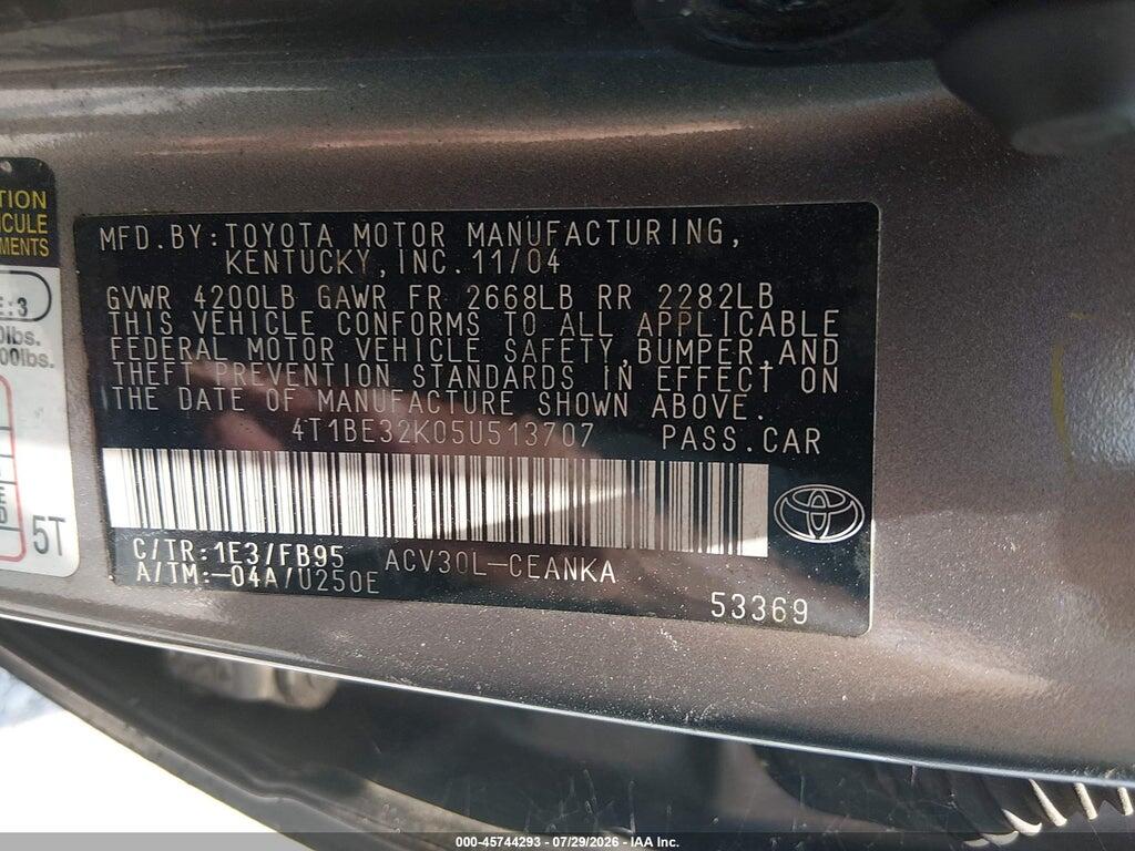 4T1BE32K05U513707 2005 TOYOTA CAMRY photo no. 9