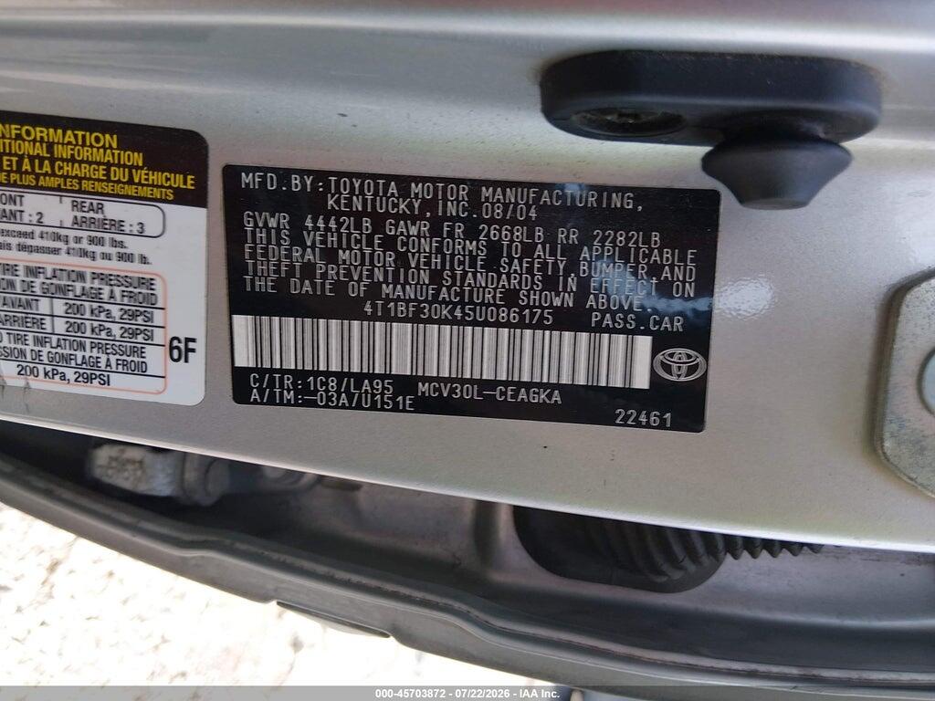 4T1BF30K45U086175 2005 TOYOTA CAMRY photo no. 9