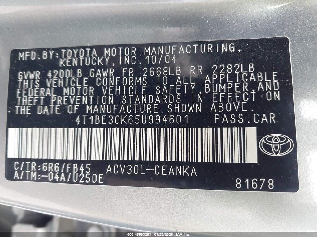 4T1BE30K65U994601 2005 TOYOTA CAMRY photo no. 9