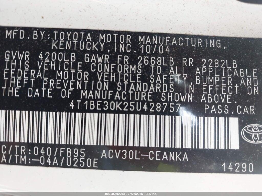 4T1BE30K25U428757 2005 TOYOTA CAMRY photo no. 9