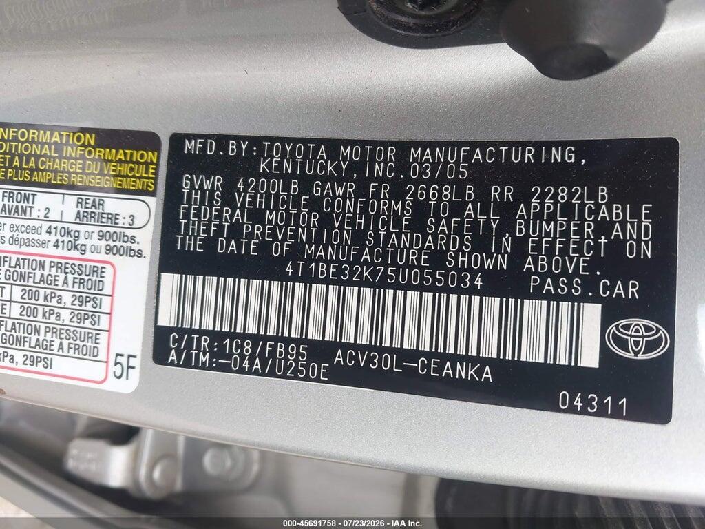 4T1BE32K75U055034 2005 TOYOTA CAMRY photo no. 9