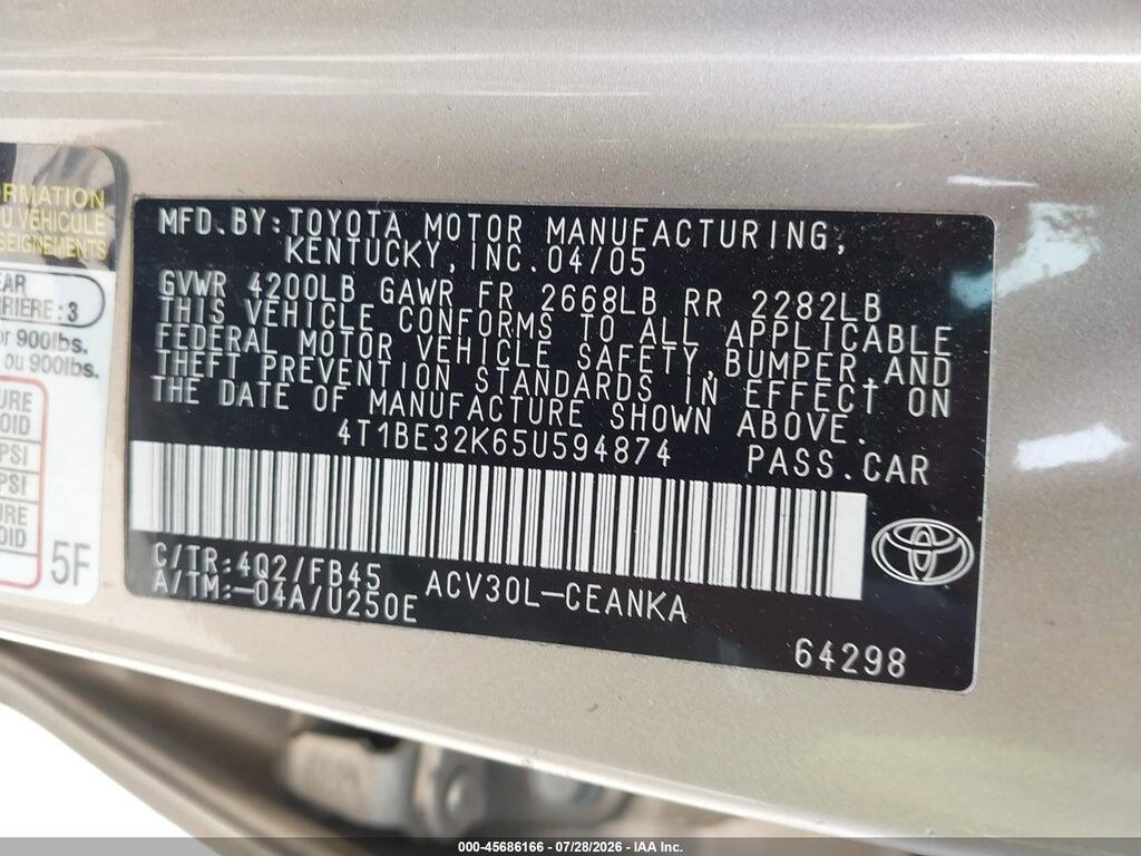 4T1BE32K65U594874 2005 TOYOTA CAMRY photo no. 9