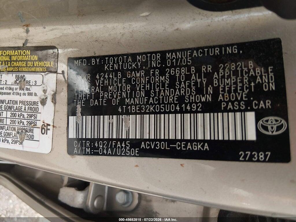 4T1BE32K05U041492 2005 TOYOTA CAMRY photo no. 9